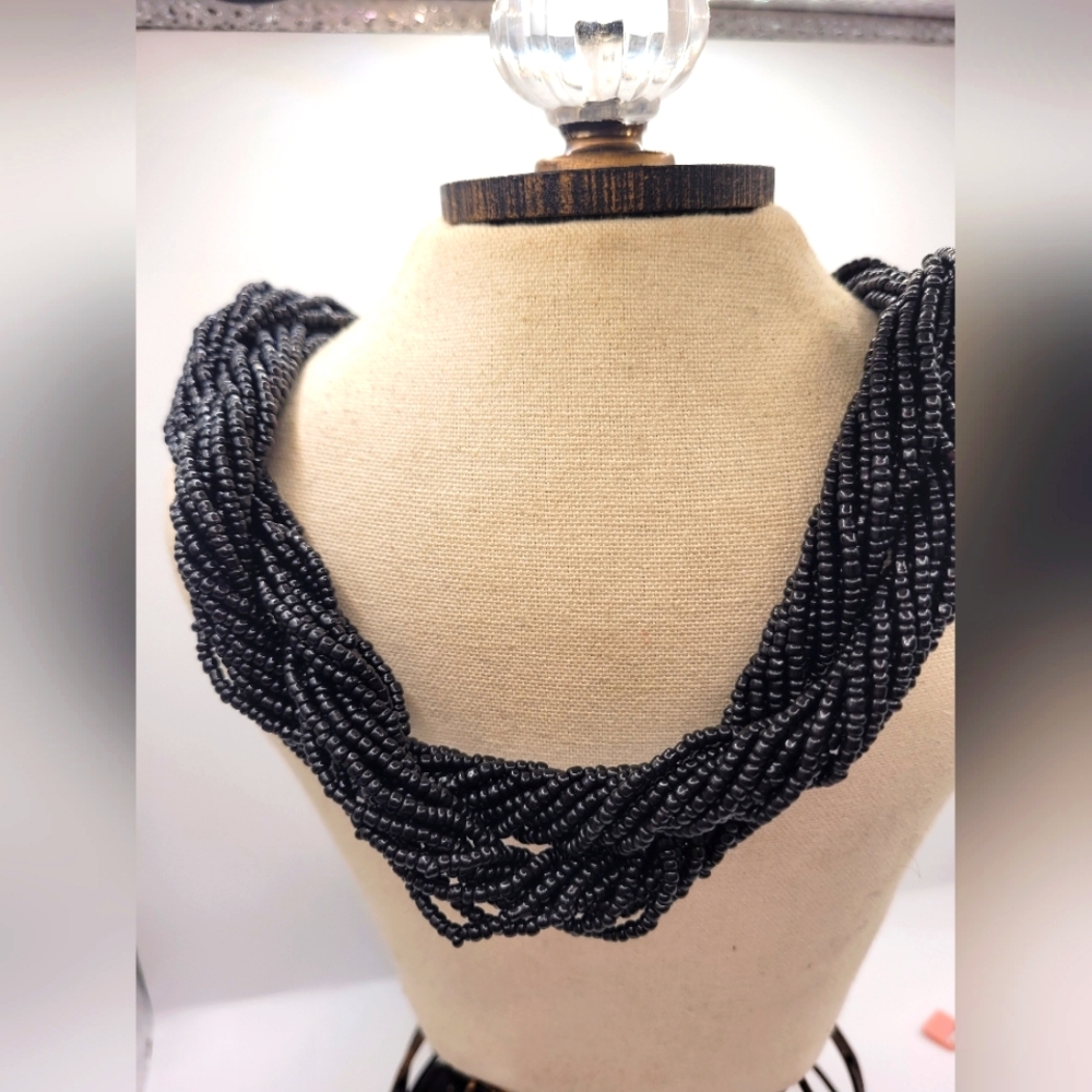Vintage Multi-Strand Black Seed Double Bead Plaited Necklace